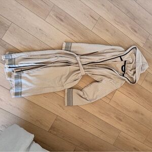 Striped Hooded Bath Robe - Cream with Gray Trim